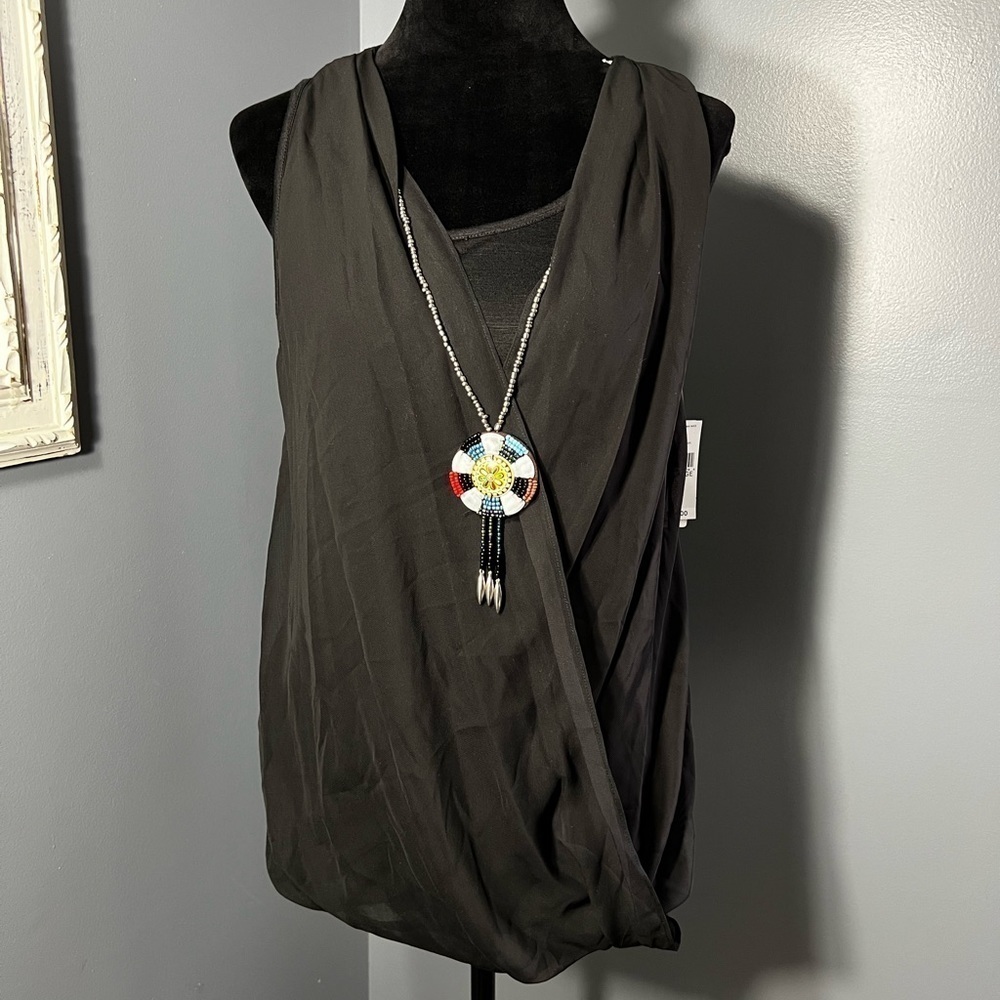 New Directions Black Faux Wrap Overlay Sleeveless Top Medallion Necklace NWT XL